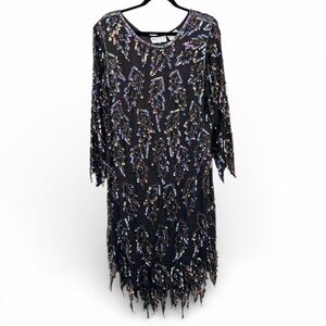 Vintage Scala Silk Iridescent Sequin Beaded Dress Art Deco Goth Glam